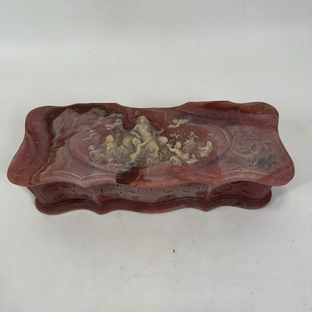 Vintage Genuine Pink Incolay Stone Handcrafted Venus at Repose Jewelry Box
